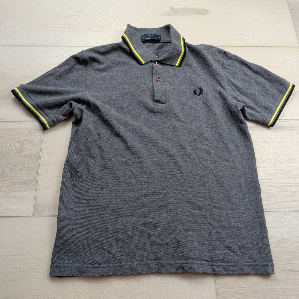 Fred Perry M12 Twin Tipped Polo Shirt Mens XS Grey Yellow Made in England